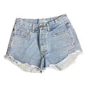 MELVILLE Light Wash Midrise Denim Shorts Button Fly Raw Hem 2.5" Inseam 26 Waist